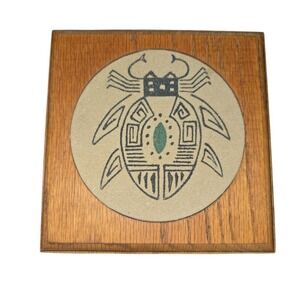 Vintage Navajo Sand Painting Monted in oak frame Decor